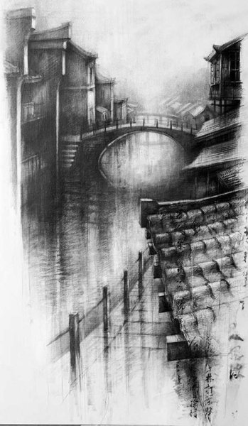 Архитектурный пейзаж углем