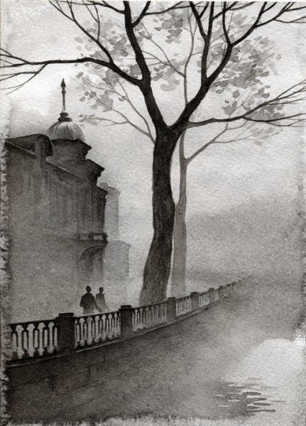 Гризайль акварелью пейзаж