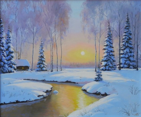 Зимний пейзаж акриловыми красками