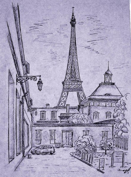 Городской пейзаж в графике гелевой ручкой