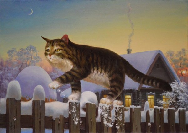 Коты на заборе живопись