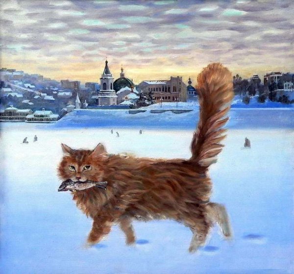 Зимние коты в живописи