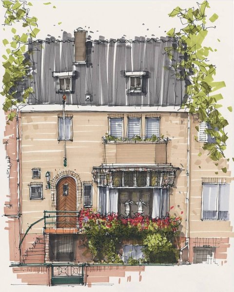 Фасад дома акварель