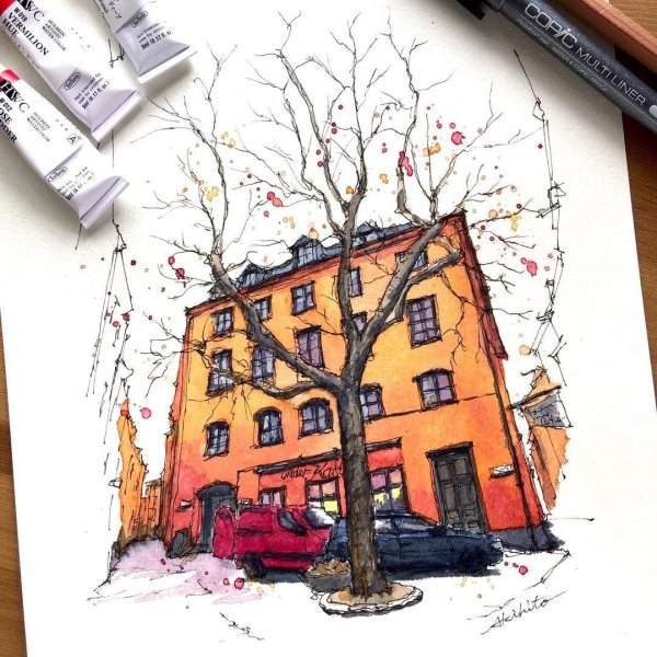 Пейзаж акварельными маркерами