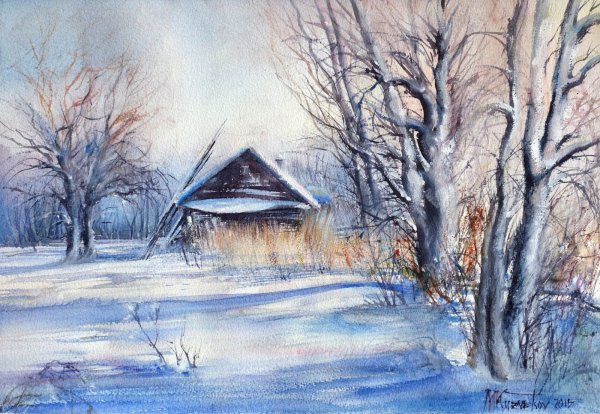 Зимний пейзаж гуашью