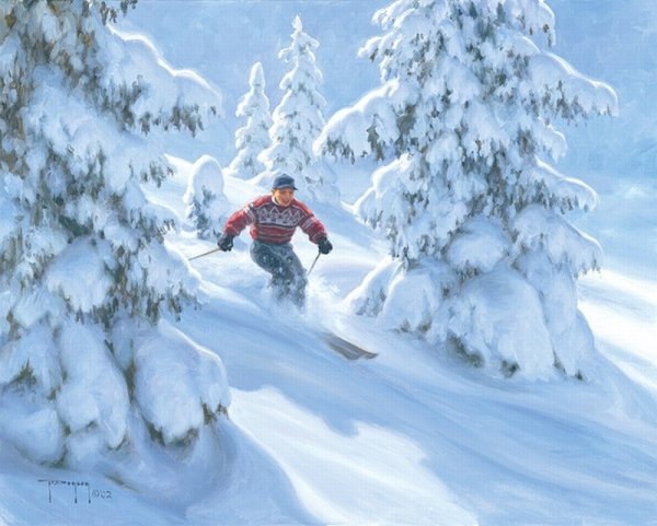 Лыжники акварель