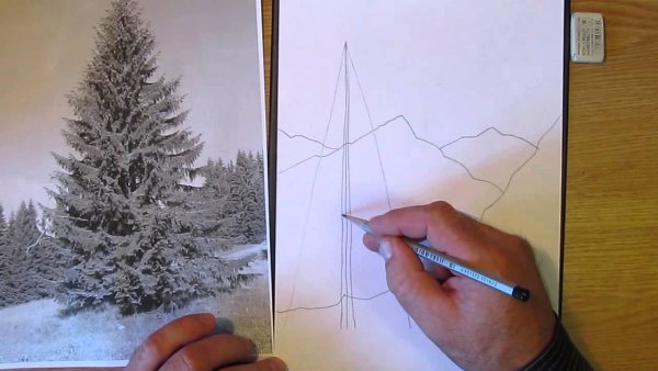 Зимний пейзаж с елками цветными карандашами