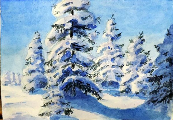 Пейзаж гуашью зима