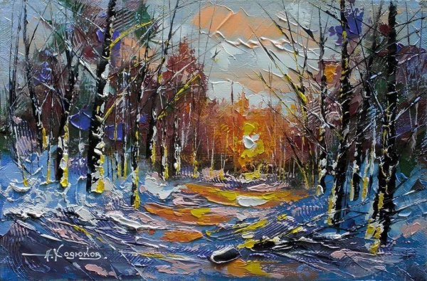 Живопись мастихином зима