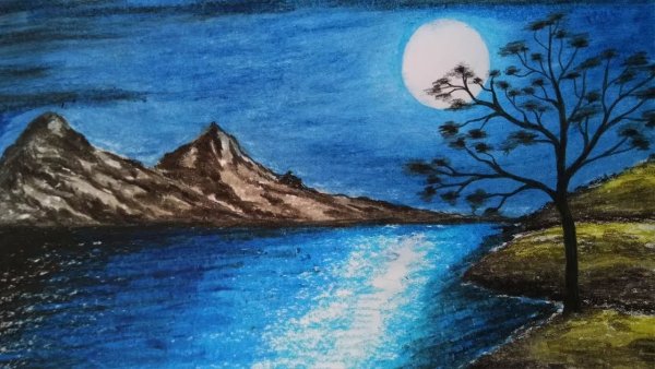 Карандашами цветными пейзаж ночь