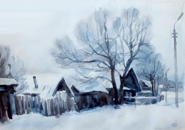 Зимняя деревня акварель