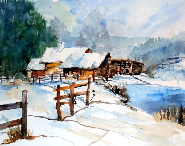 Зимняя деревня акварель