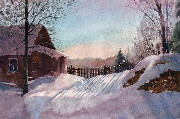 Акварель деревня зимой