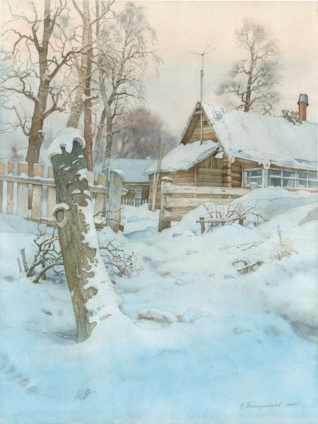 Зимняя деревня акварель