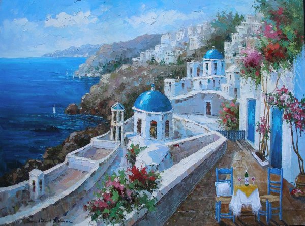 Греческий художник Пантелис Зографос картины море лодки Санторини