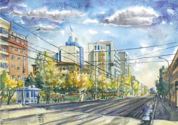 Осенний городской пейзаж акварелью