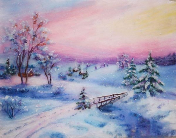 Зимний пейзаж с домом акрилом