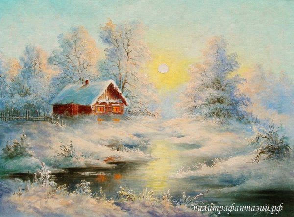 Зимний домик гуашью