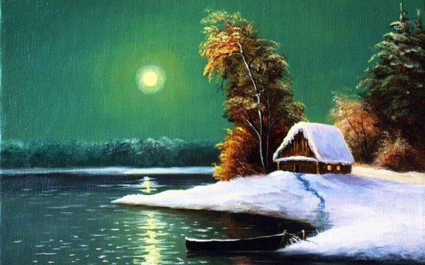 Зимний пейзаж цветными карандашами