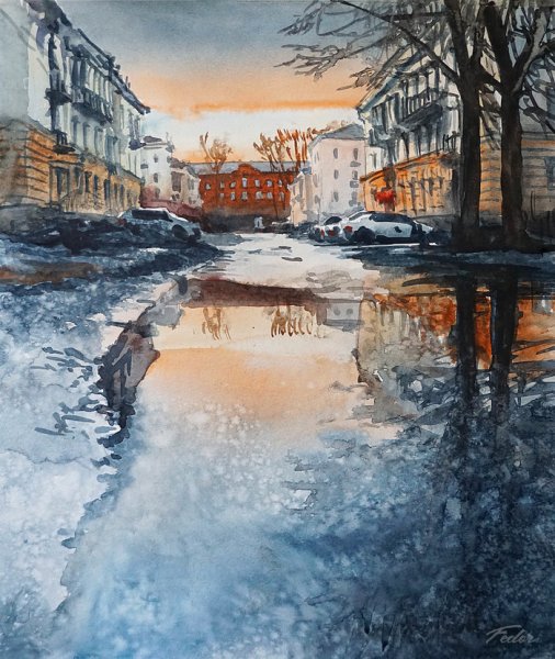 Зима в городе акварель