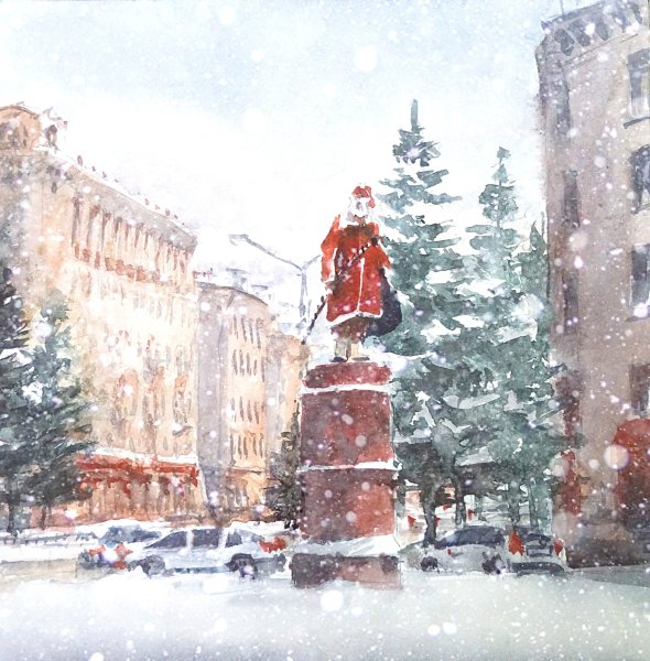 Городской пейзаж Новокузнецк акварель