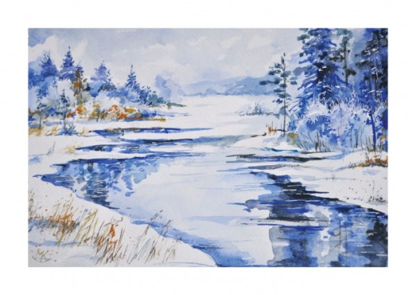 Река зимой акварелью