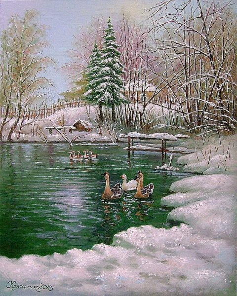 Река зимой акварелью