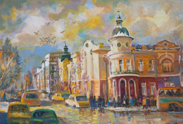 Зимний городской пейзаж карандашом