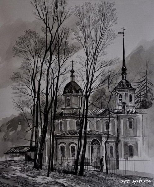 Пейзаж церкви в графике