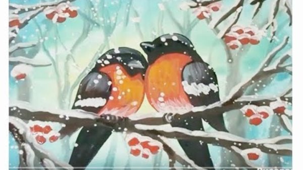Рисование гуашью Снегири на ветке рябины