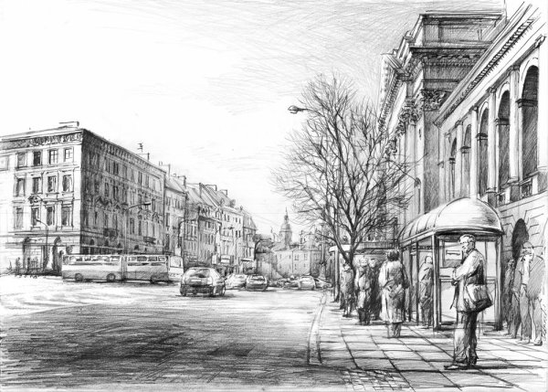 Городской пейзаж карандашом