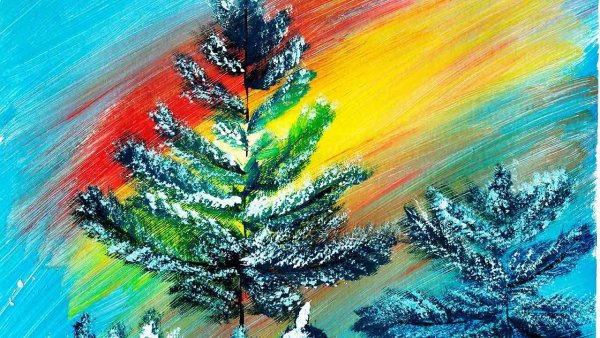 Ночной зимний пейзаж акварелью