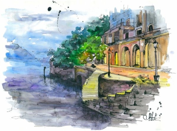 Пейзаж акварелью и ручкой