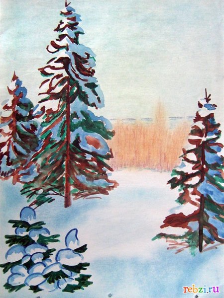 Зимняя береза акварелью для детей