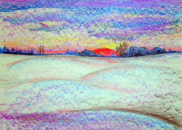 Зимний пейзаж восковыми мелками для детей