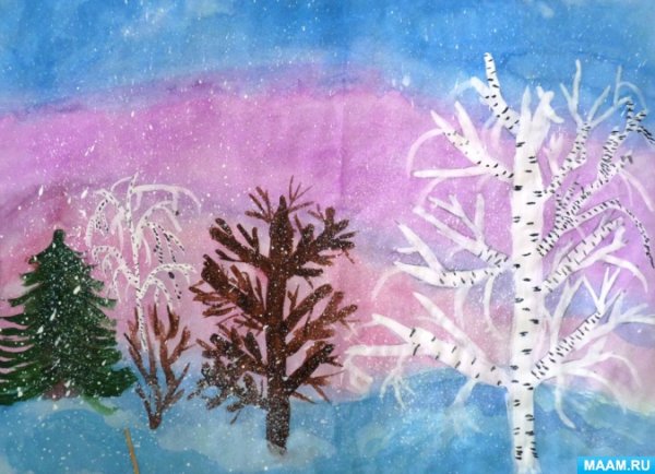 Рисование восковыми мелками зима