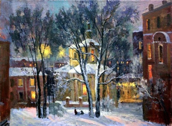 Зимний городской пейзаж гуашью