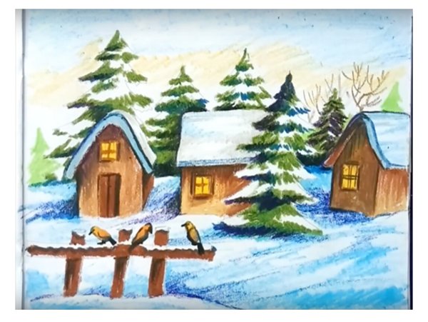 Зимний домик гуашью