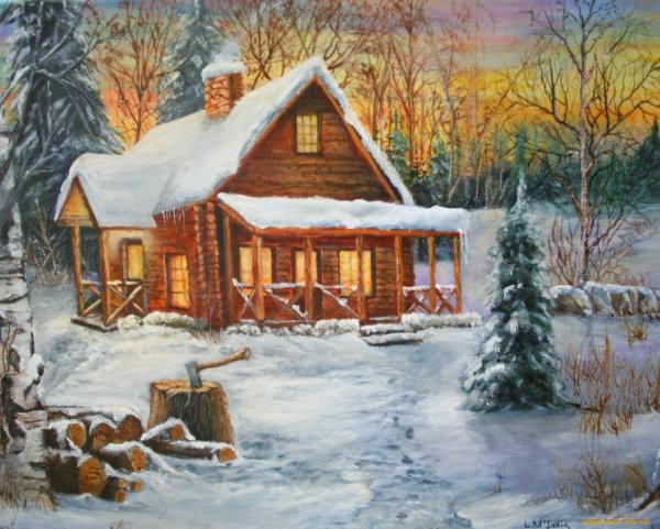 Домики в горах гуашью