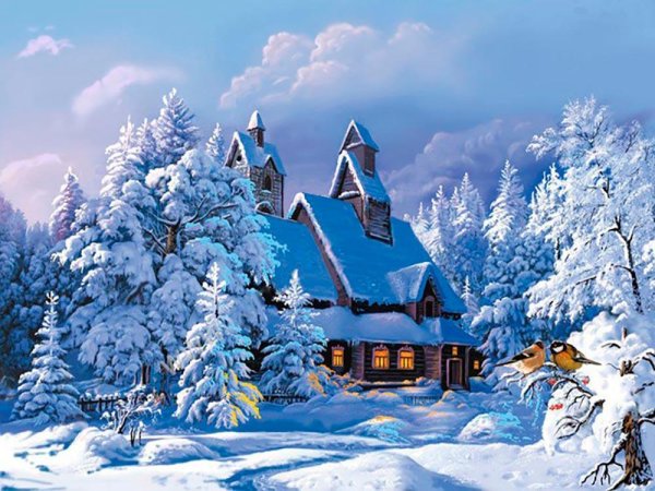 Сказочная избушка в зимнем лесу