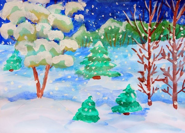 Зимний пейзаж гуашью для детей