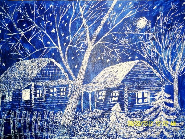 Зимний пейзаж восковыми мелками и акварелью