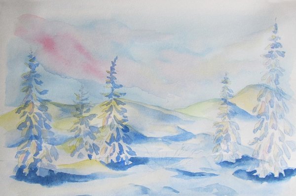 Зимний ночной пейзаж карандашом