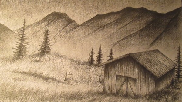 Пейзаж с тенями карандашом