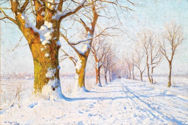 Зимний пейзаж в сиреневых тонах