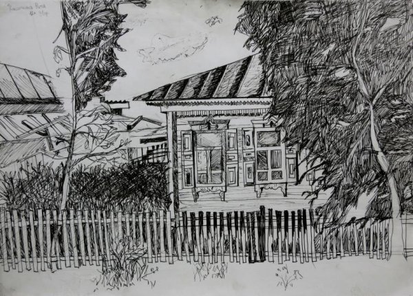 Графический пейзаж гелевой ручкой