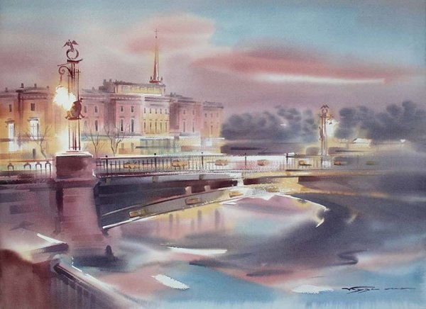 Ночной город акварелью