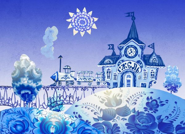 Зимний пейзаж гжельской росписью