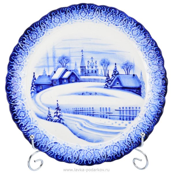 Зимний пейзаж гжельской росписью