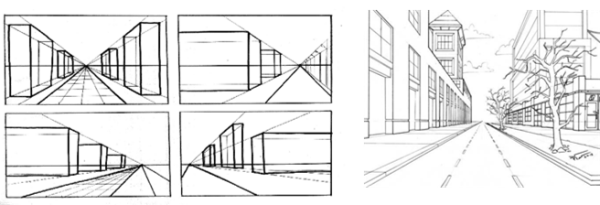 Город линейная перспектива с одной точкой схода